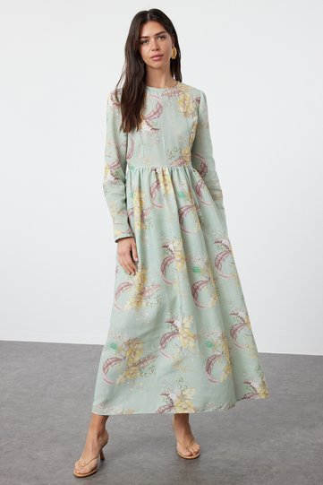 Mint Floral Linen Look Woven Dress TCTSS24EB00225