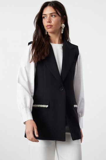 Black Accessory Detailed Fabric Woven Vest Tctss24Yl00011