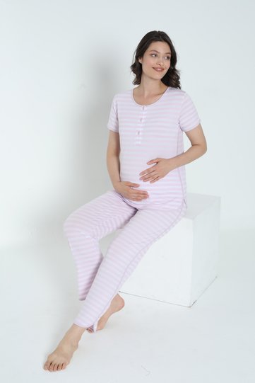 Striped Crew Neck Suitable for Breastfeeding Short Sleeve Maternity and Maternity Pajamas Set