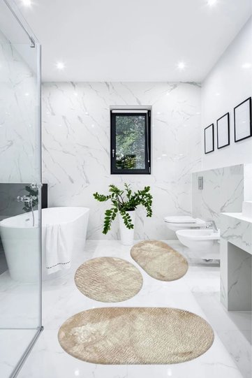 Beige Fluffy Bathroom Rug Plush Mat Toilet Seat Set 50x60(Oval)-60x100(Oval)-60x60(Round)