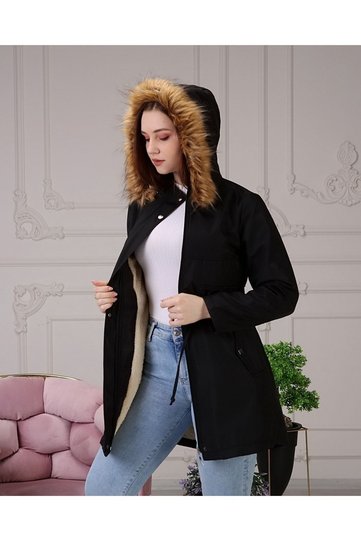 Black Fur Lined and Waterproof Women's Winter Coat & Coat