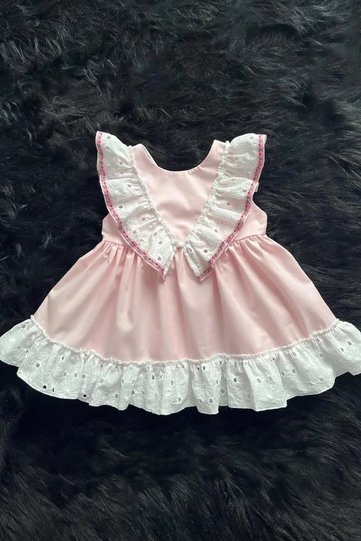 Poplin Girl's Baby Pink Dress with Scallop Ruffles and Ribbon Detail