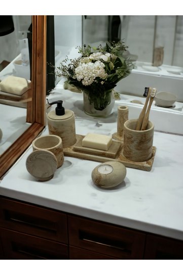 7-Piece Marble Patterned Cream Beige Bathroom Set, Liquid Soap Dispenser, Toothbrush Holder, Concrete Accessory Set