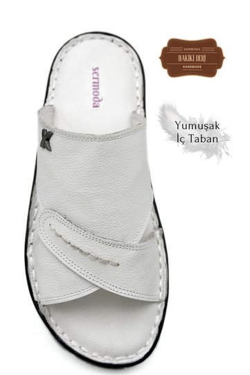 Genuine Real Leather Men's Slippers Lightweight Slippers Leather Syringe White