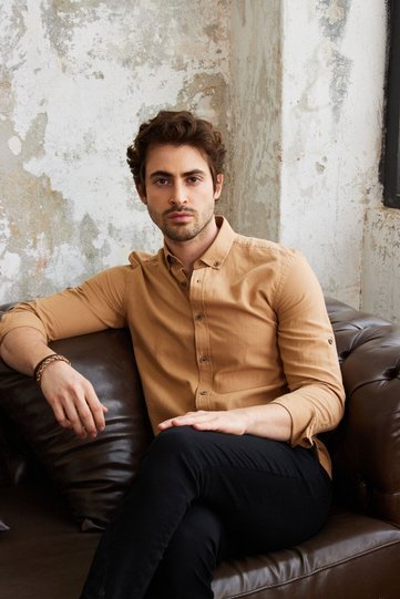Men's Mustard Slim Fit Slim Fit Buttoned Collar Linen Look 100% Cotton Flame Shirt