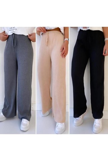 3-Piece Black - Beige - Smoked Women's Ribbed Comfortable Pants & Sweatpants Casual Comfortable Home Wear Pajamas