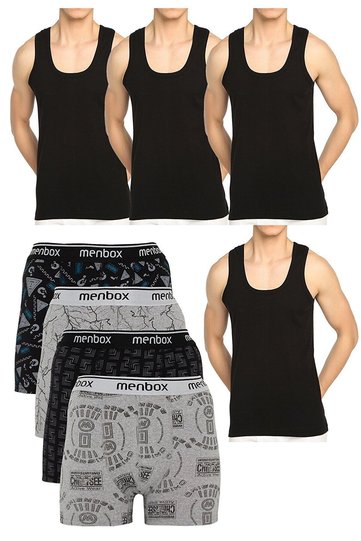 Men's 4-Piece Cotton Undershirt Boxer Set, Total 8 Pieces Economical