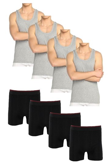 Economical Men's 4-Piece Cotton Undershirt Boxer Set, Total 8 Pieces