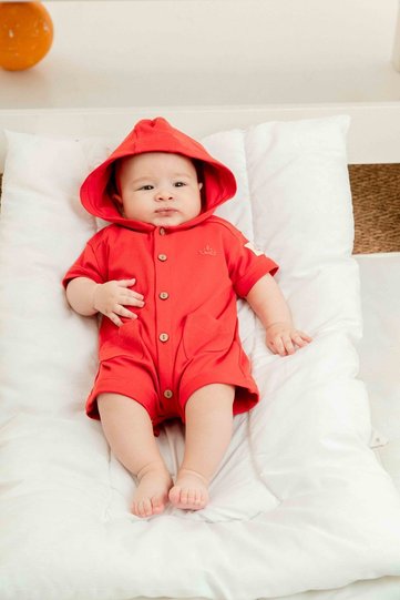 Newborn Baby Unisex Organic Cotton Hooded Summer Jumpsuit Set Short Sleeve Pocket Detailed Baby Set