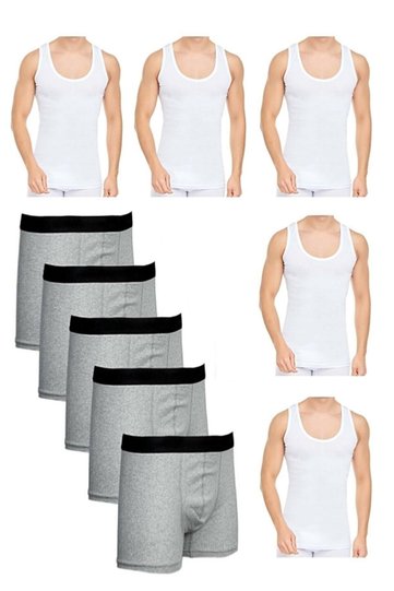 10 Piece Undershirt and Boxer Set 5 Gray Boxer 5 White Undershirt Cotton