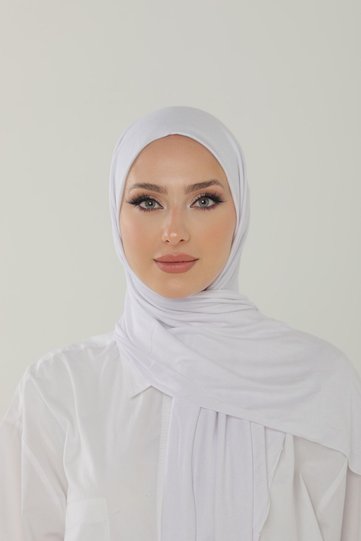 شال قطن ممشط فاخر باللون الأبيض الثلجي - شال حجاب جيرسي ليكرا للسيدات