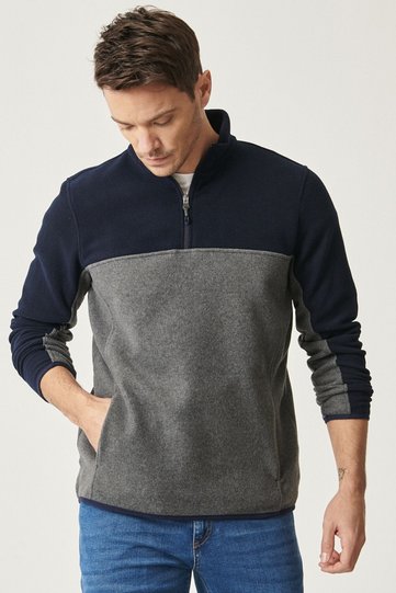 Men's Navy Blue-anthracite Standard Fit Normal Cut Daily Comfortable Double Color Fleece Sports Sweatshirt