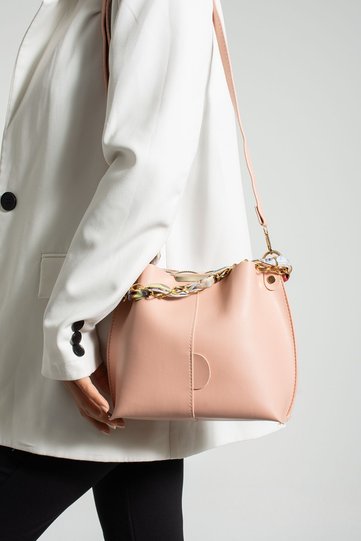 Women's Pudra Scarf and Chain Accessory Soft Leather 3-Compartment Handbag and Shoulder Bag