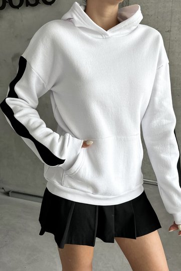 Unisex White Sleeve Detailed Plain Hooded Oversize Sweatshirt