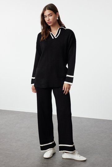 Black Ecru Piping Knitwear Sweater Trousers Top and Bottom Set TCTAW25US00015