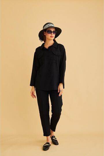 Black women's raxy pocketed and ribbed linen shirt and pants set