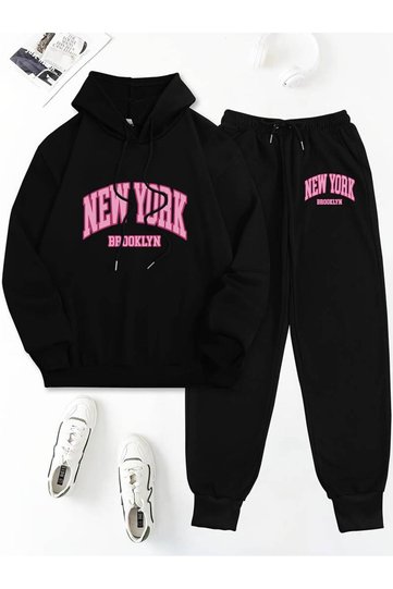 Women's Oversize Printed Relaxed Cut Winter Thick Sweatshirt and Jogger Tracksuit Set