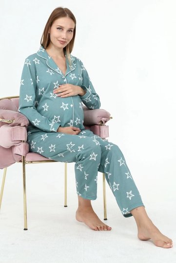 Likapa Combed Cotton Front Buttoned Maternity Long Sleeve Pajama Set