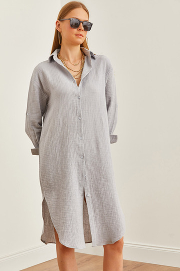 Women's Gray Side Oval Slit Muslin Shirt Dress Elb- 19002243