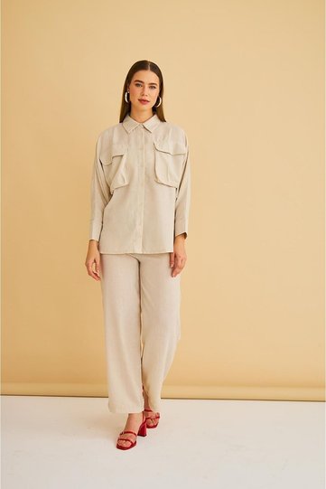 Stone Women's Meva Pocketed Bat Sleeve Linen Shirt Pants Bottom Top Set