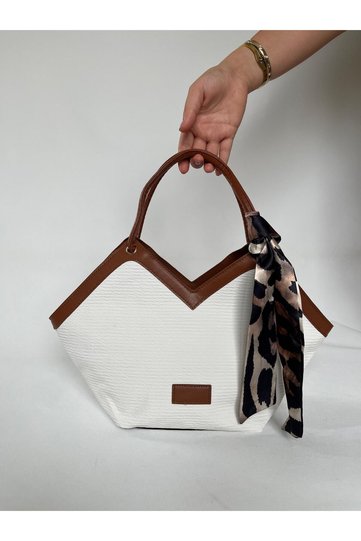 New Season White Jute Straw Zippered Hand and Shoulder Bag with Scarf, Asymmetrical Cut
