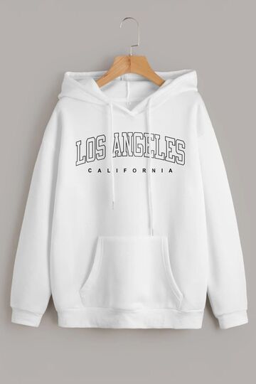 Unisex White Los Angeles Printed Hooded Oversize Sweatshirt Hoodie