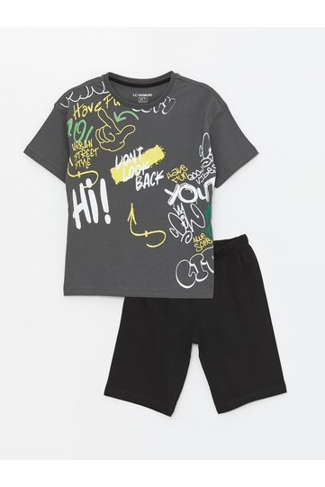 Crew Neck Printed Short Sleeve Boy's Pajamas Set with Shorts