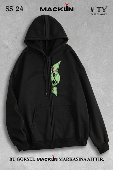 Unisex Women's Men's Hooded Baby Yoda Printed Zippered Sweatshirt Fleece Jacket