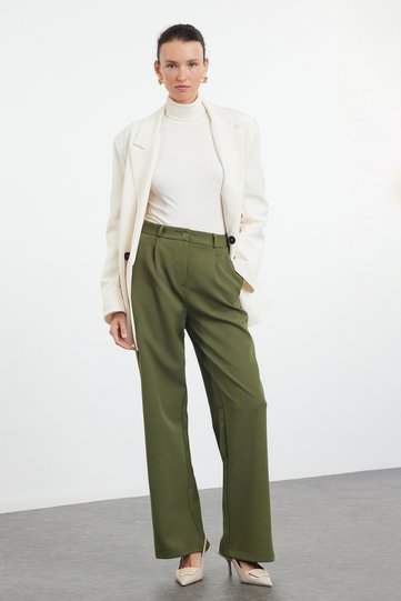 Dark Khaki High Waist Wide Leg/Wide Leg Pleated Woven Fabric Pants Twoaw21Pl0076
