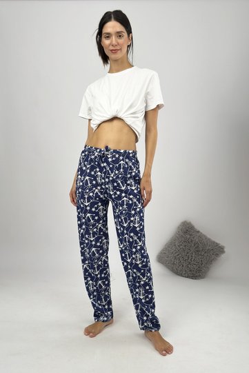Women's Pajama Bottoms with Ribbon and Anchor Navy Blue