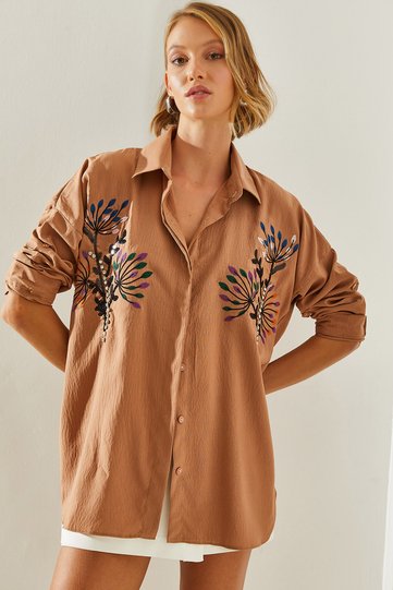 Women's Camel Stone Leaf Embroidered Oversize Shirt 5929 60251482