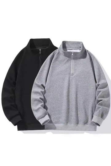 Black and Gray Stand Collar Plain Pullover Sweatshirt