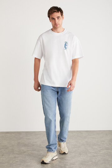 Antonio Men's Printed Detail 100% Organic Cotton Knitted Oversized White T-shirt