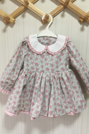 Baby Collar Lace Detailed Floral Patterned Gray Baby Girl Dress