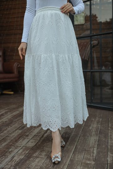 Embroidered Lace Eyelet Embroidery Pearl Women's Skirt 1395