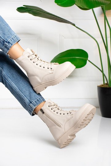 Women's Boots Boots Side Zipper Lace up Beige Color Thermo Anti-Slip Sole 4 cm Ky3040