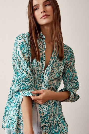 V-Neck Patterned Satin Shirt
