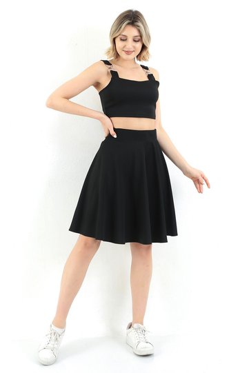 Women's Black Corded Fabric Flared Skirt, High Waist, Stylish Everyday Skirt