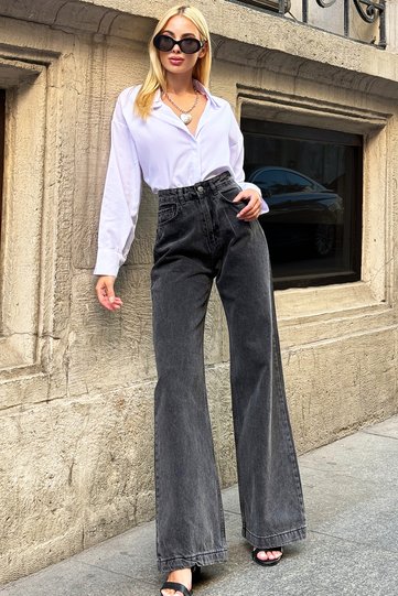 Women's Smoke Black Loose Fit High Waist Jeans Alc-X12527