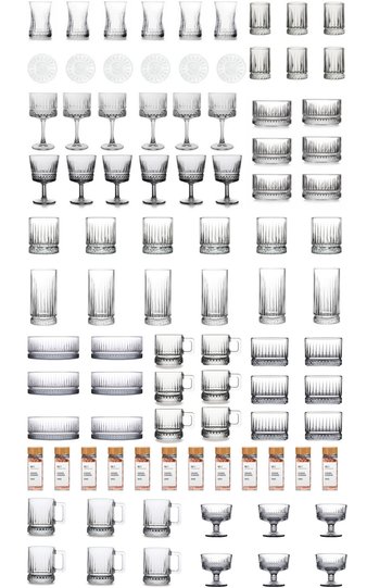 Elysia 90 Piece Water, Soft Drink, Cocktail Glass, Snack Bowl, Mug and Spice Jar Dowry Set
