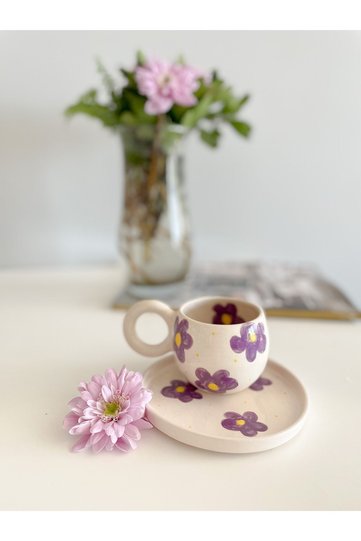 Handmade and Painted Vintage Purple Floral Double Turkish Coffee Cup