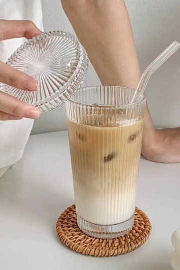2 Pieces 400ml Style Glass Cup with Lid and Straw