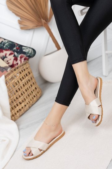 Women's Cream Cross-Strap Slippers, Soft Slippers with Padded Backing, Bridal Gift Slippers, Stylish and Elegant Guest Slippers