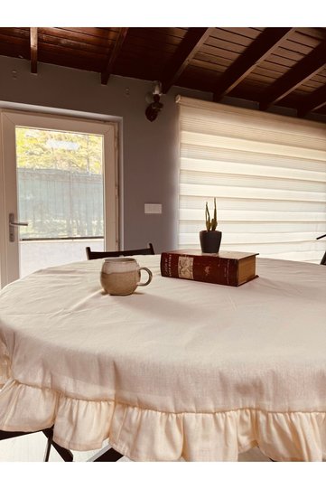 Natural Raw Linen Ruffled Round Tablecloth