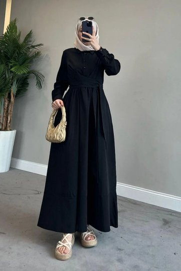 Poplin Fabric Hijab Dress - Shirt Collar and Tie Detail - Black