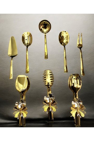 8-Piece Stainless Steel Gold Colander, Ladle, Shovel, Fork, Spoon, Butterfly Tongs Serving Set, Dowry