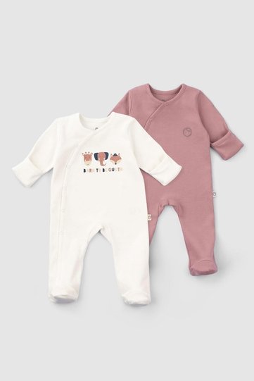 Set of 2 Organic Cotton Overalls with Gloves and Booties Dried Rose