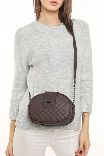 Quilted Chain Detailed Lock Closure Zippered 3-Compartment Adjustable Cross Strap Shoulder Bag