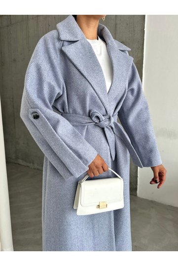 Blue Sleeve Belt Detailed Long Coat with Herringbone Belt-54471