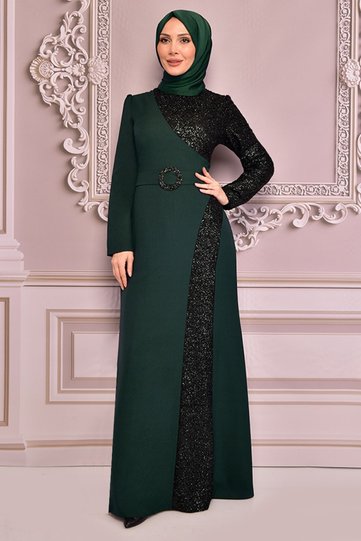 Women's Clothing Evening Dress Fashion Sequin Detailed Hijab Evening Dress 2524 Emerald